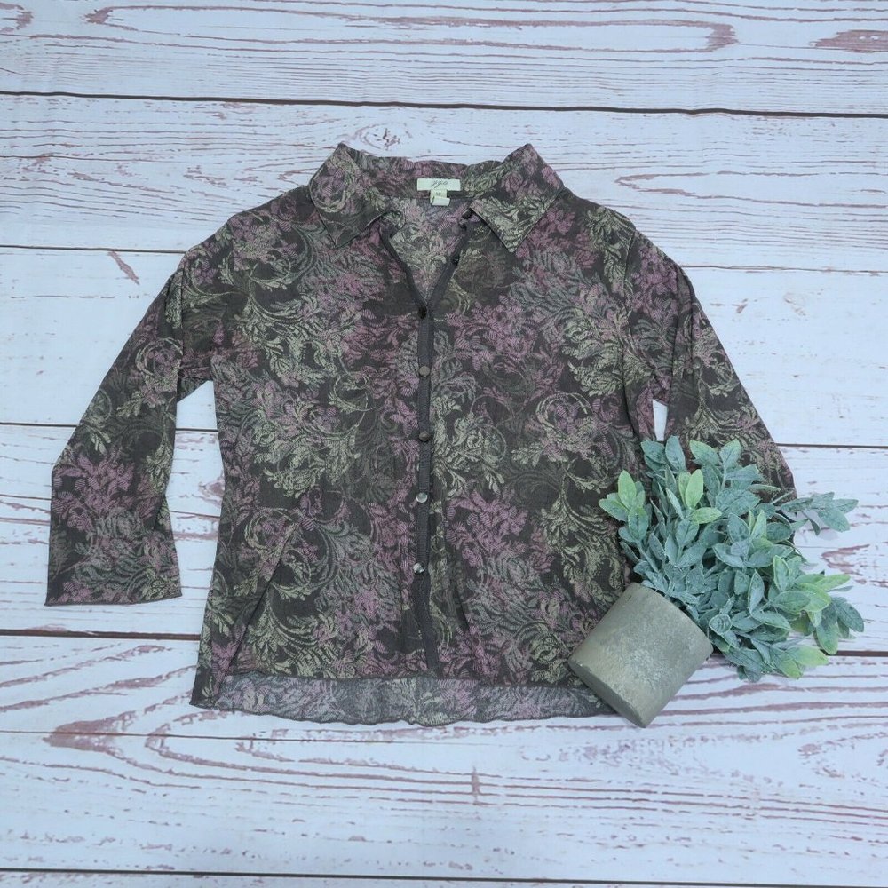 J Jill Love Linen Womens Petite Small Purple Green Floral Long Sleeve Button Up
